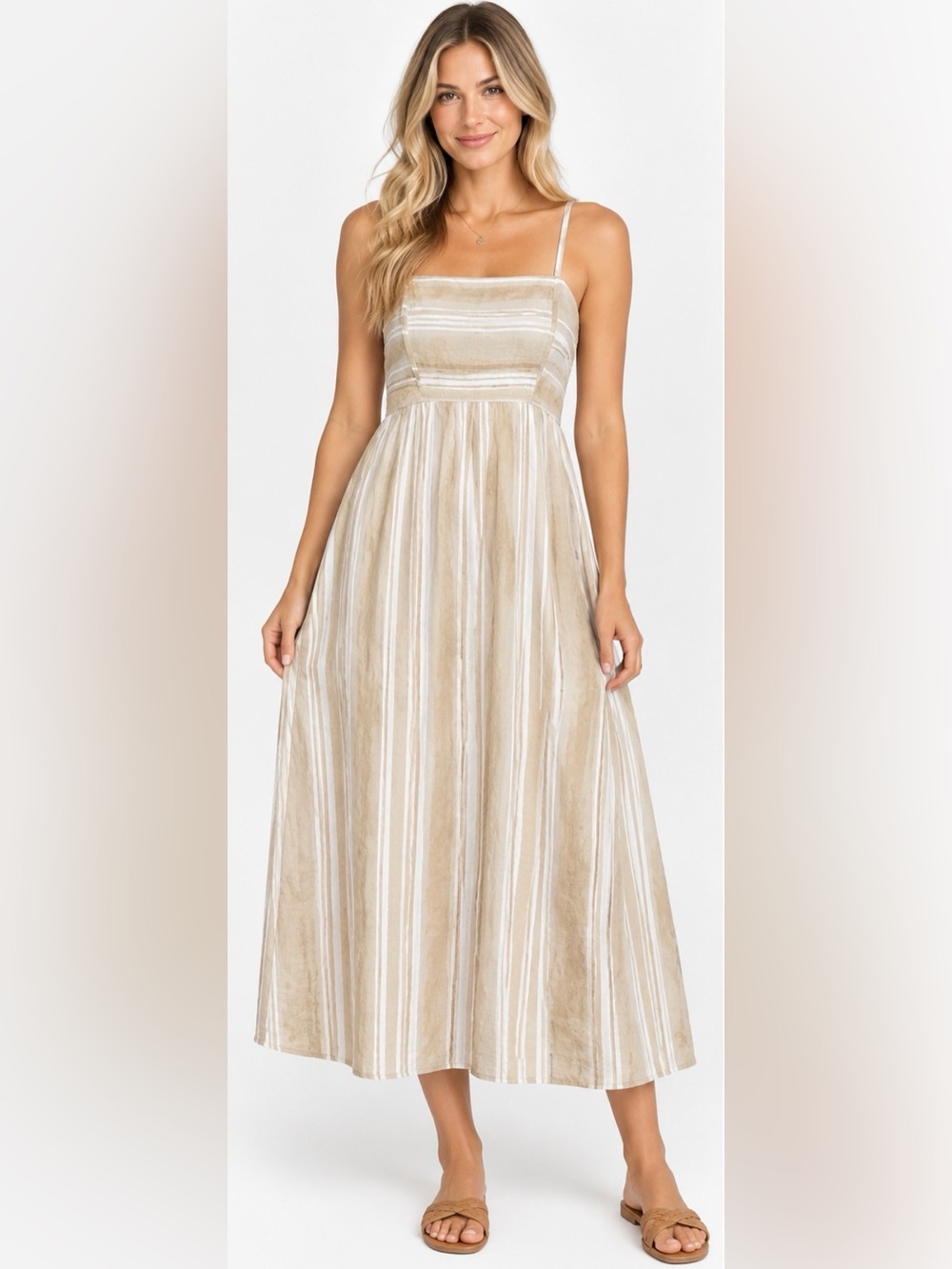 454 CeCe Beige White Striped Midi Dress Size M Smocked Back Adjustable Straps